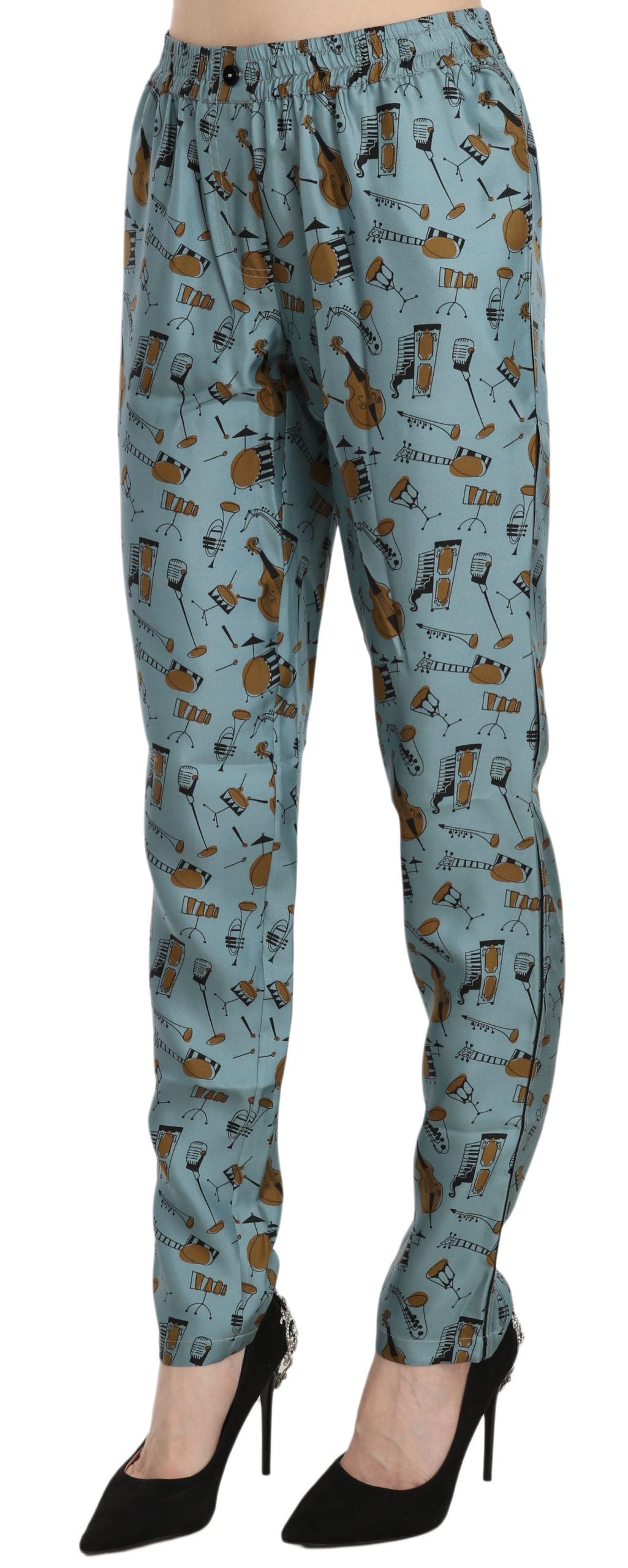 Blaue Karottenhose mit Musikinstrumenten-Print