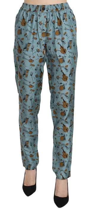 Blaue Karottenhose mit Musikinstrumenten-Print