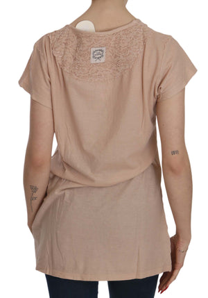 Rosa Cremefarbene Bluse mit kurzen Ärmeln aus Spitze
