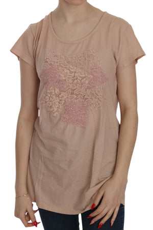Rosa Cremefarbene Bluse mit kurzen Ärmeln aus Spitze