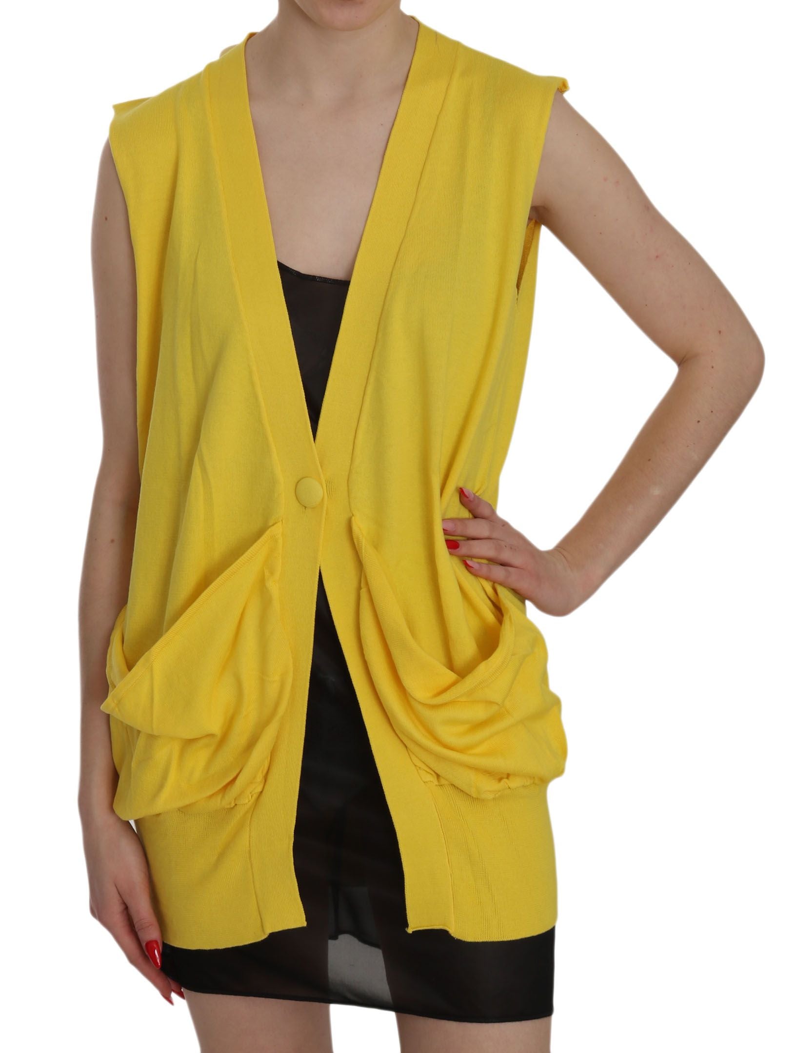 Gelbe ärmellose Strickjacke aus 100 % Baumwolle