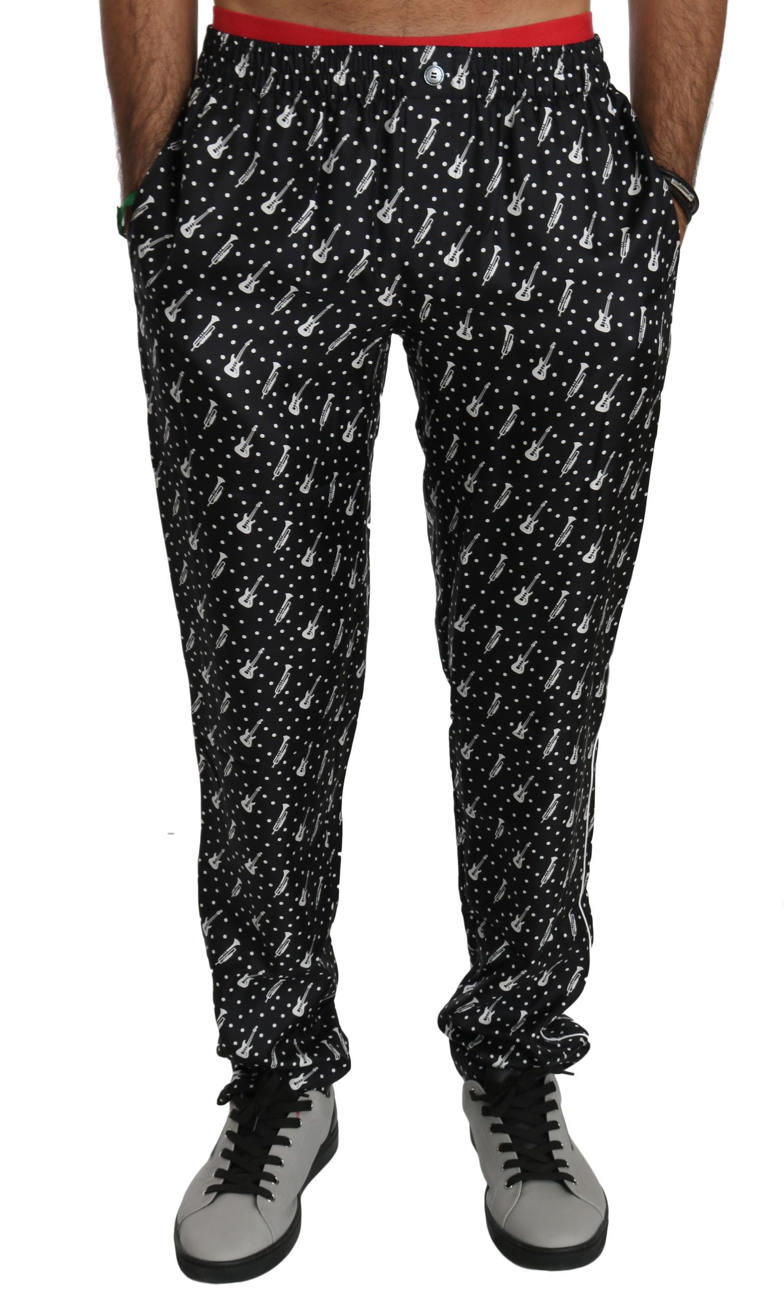 Schwarze Seidenhose mit Musikinstrumenten