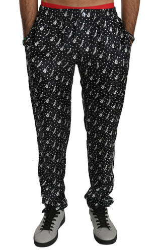Schwarze Seidenhose mit Musikinstrumenten