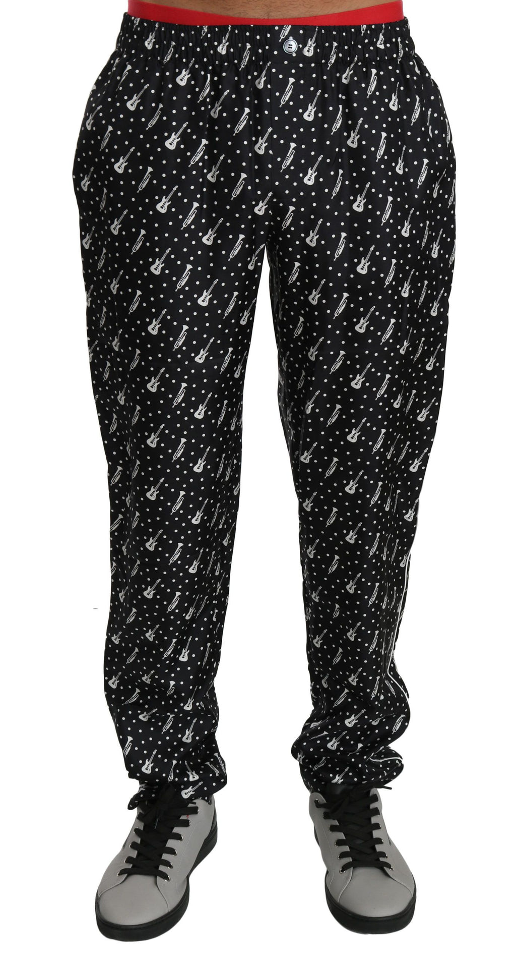 Schwarze Seidenhose mit Musikinstrumenten