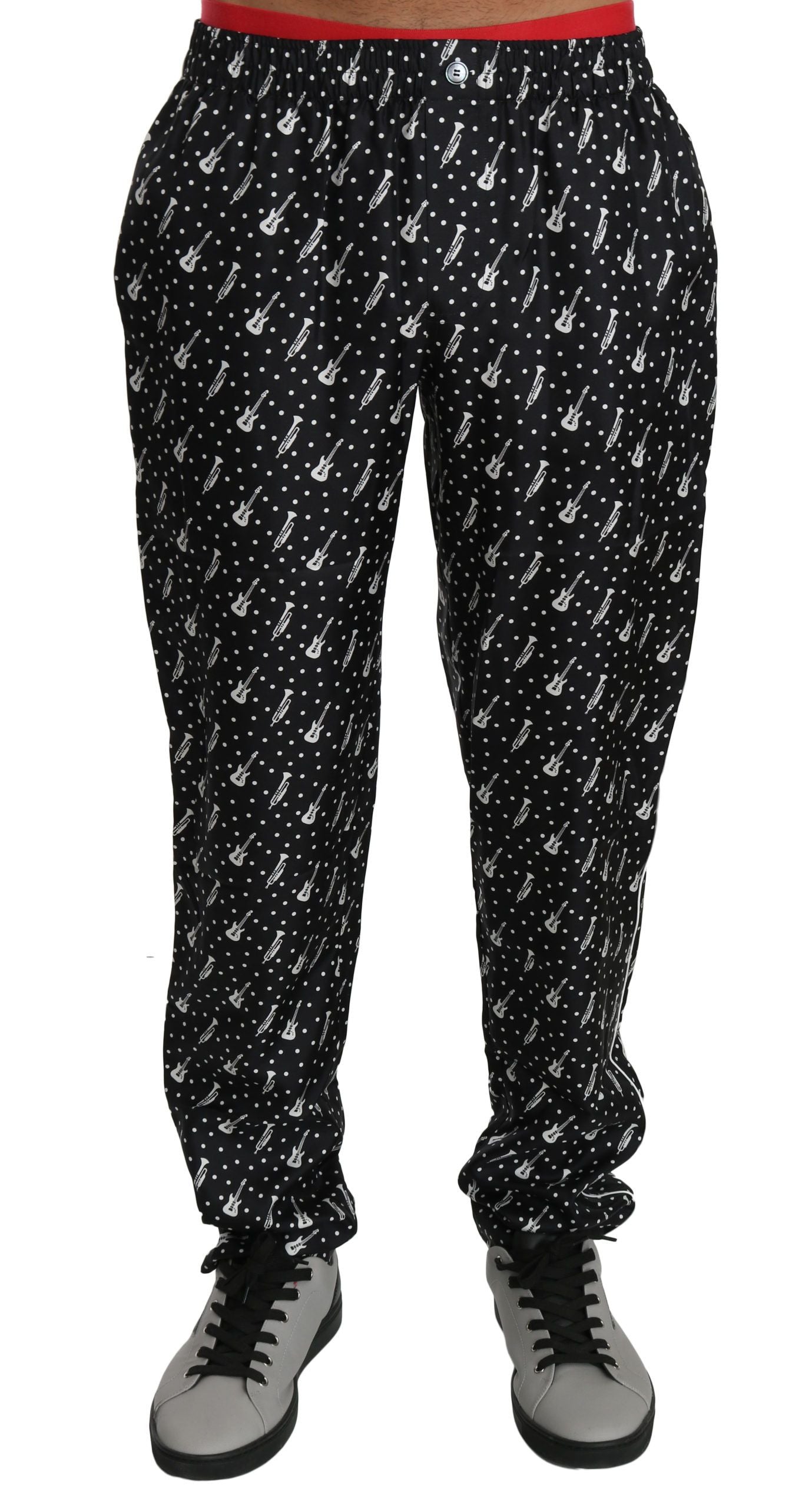 Schwarze Seidenhose mit Musikinstrumenten