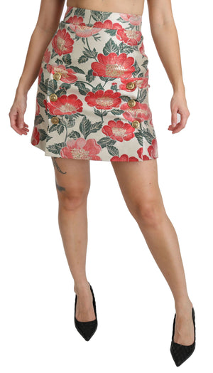 Weißer, grüner, roter Minirock mit Blumenmuster und hoher Taille