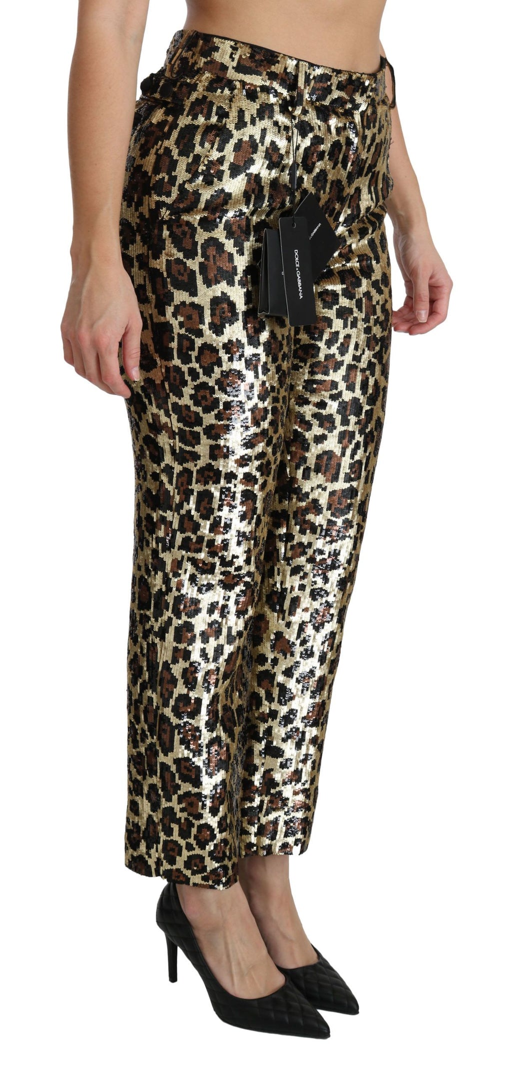 Braune Hose mit Leopardenmuster und Pailletten und hoher Taille