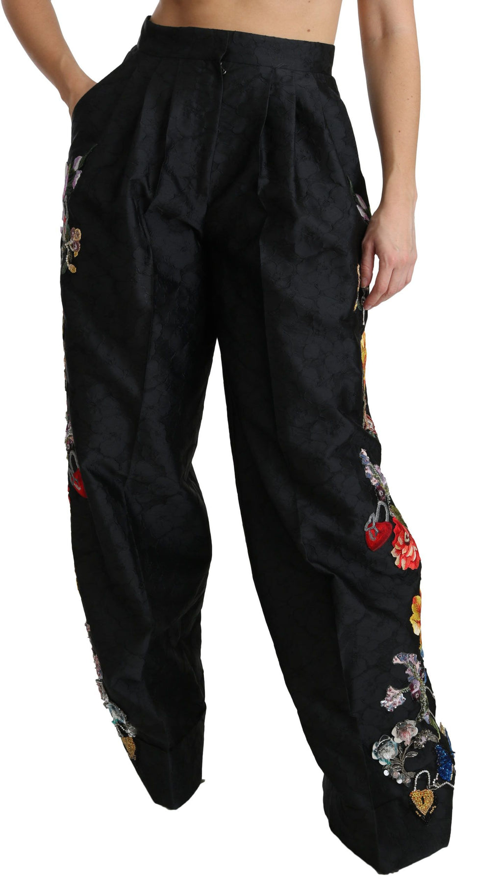 Schwarze Brokathose mit Blumenmuster und Pailletten