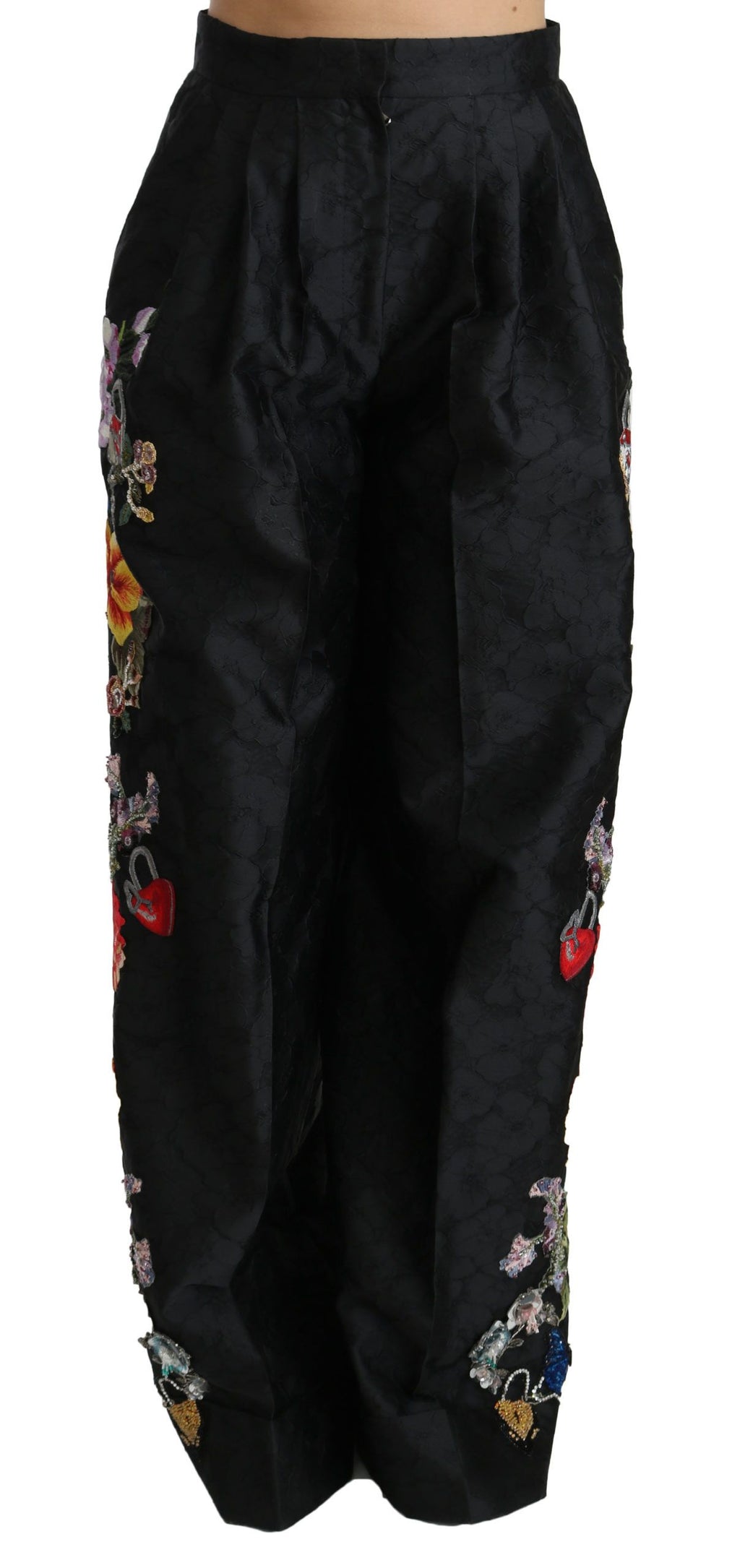 Schwarze Brokathose mit Blumenmuster und Pailletten
