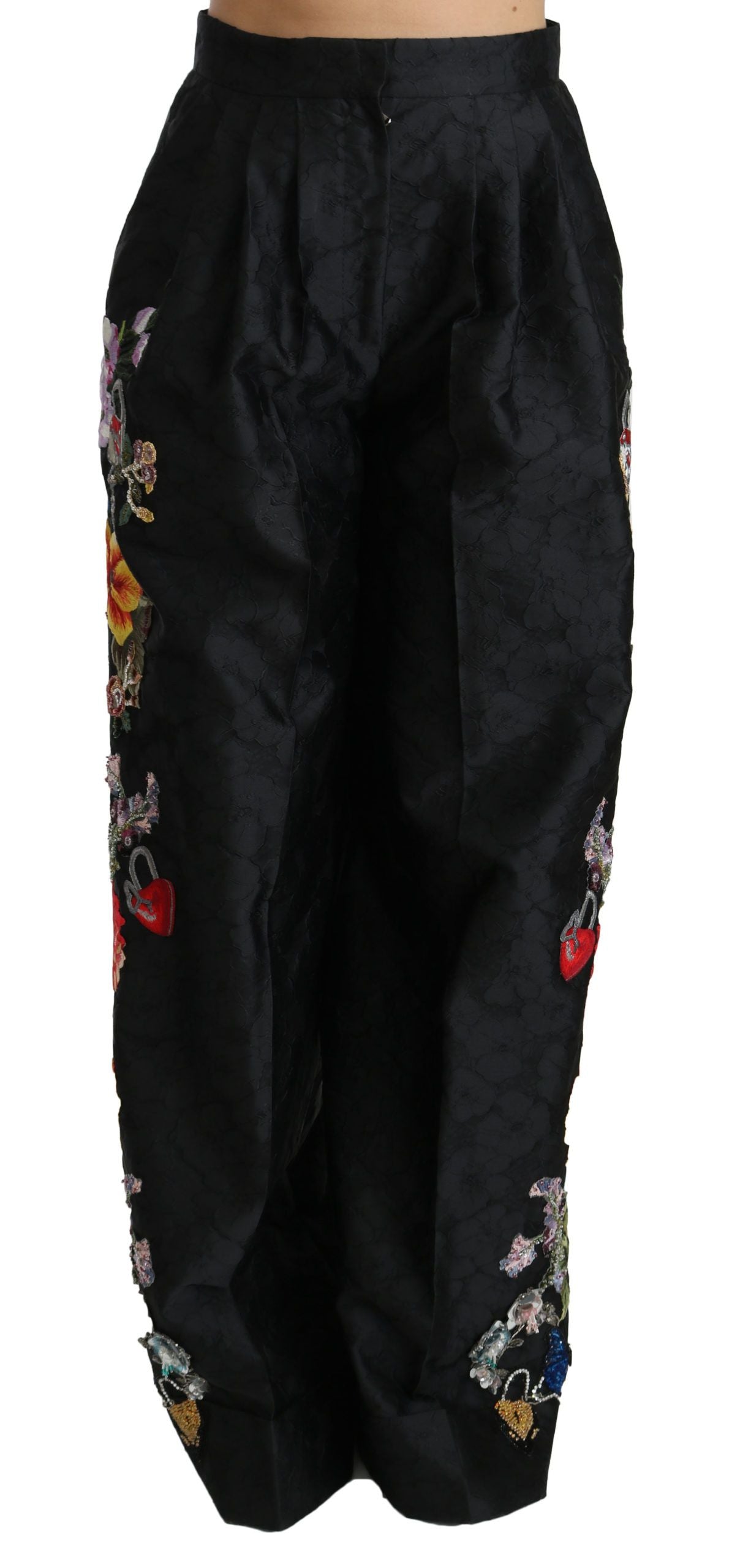 Schwarze Brokathose mit Blumenmuster und Pailletten