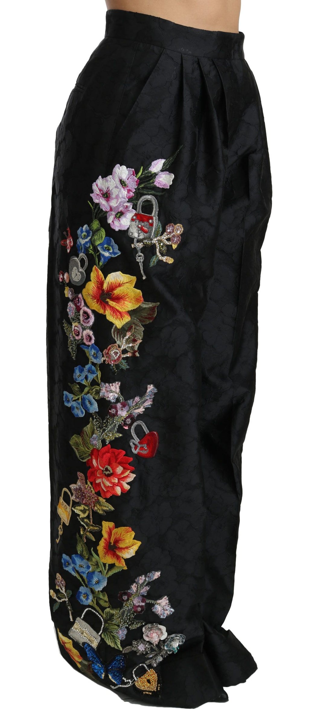 Schwarze Brokathose mit Blumenmuster und Pailletten