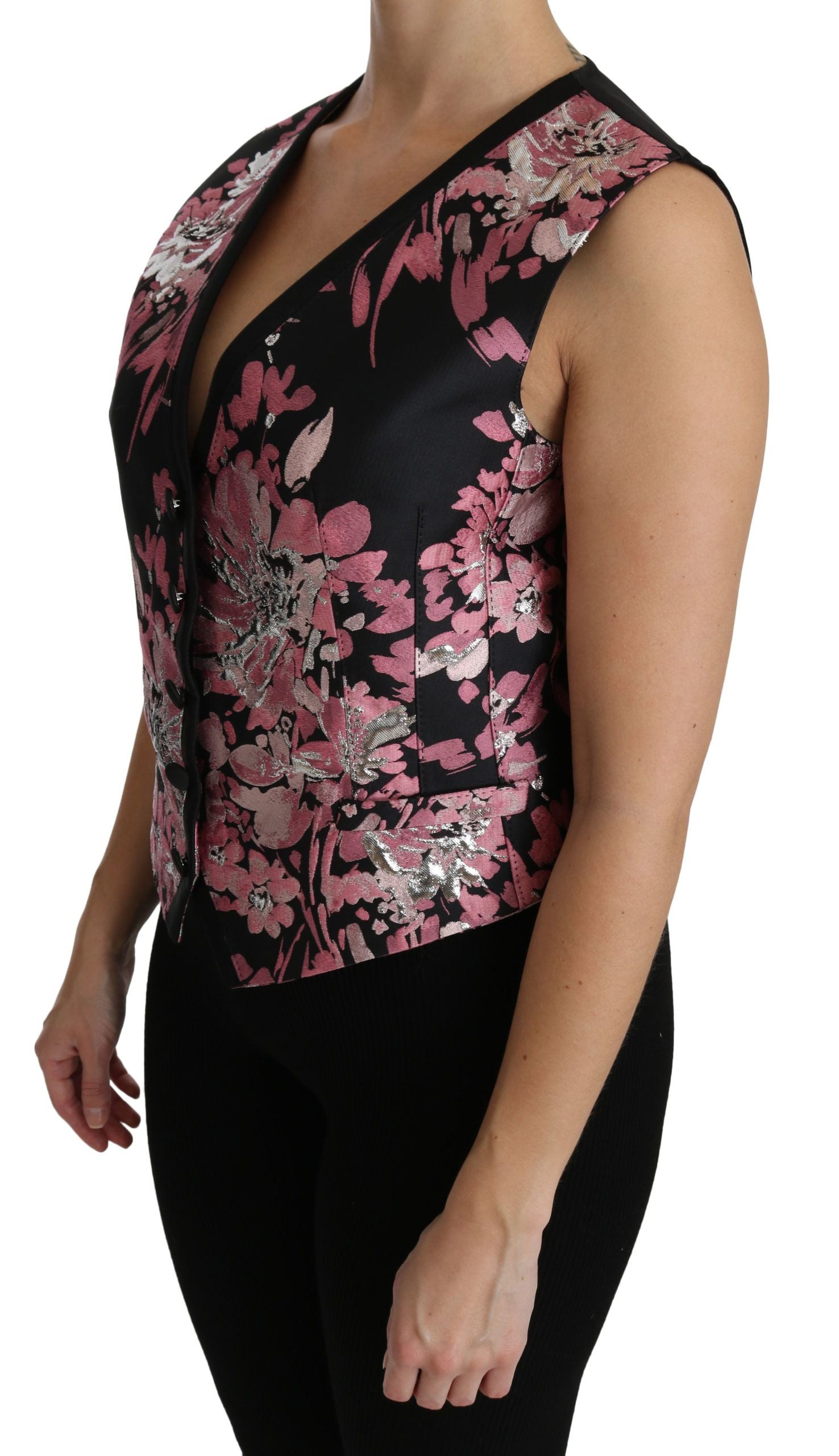 Schwarz Rosa Blumen Weste Weste Bluse Top