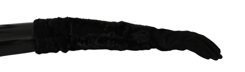 Schwarze, ellenbogenlange Fäustlinge aus Wildleder