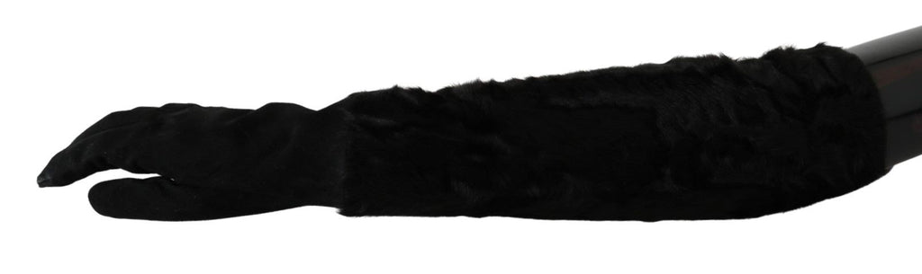 Schwarze, ellenbogenlange Fäustlinge aus Wildleder