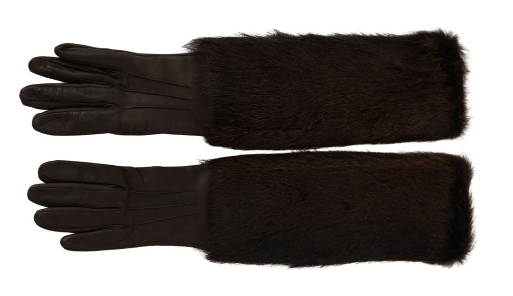 Braune, ellenbogenlange Fäustlinge aus Leder und Pelz
