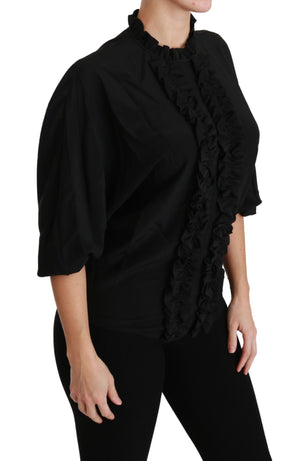Schwarze Seidenbluse mit Rüschen