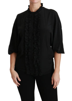 Schwarze Seidenbluse mit Rüschen