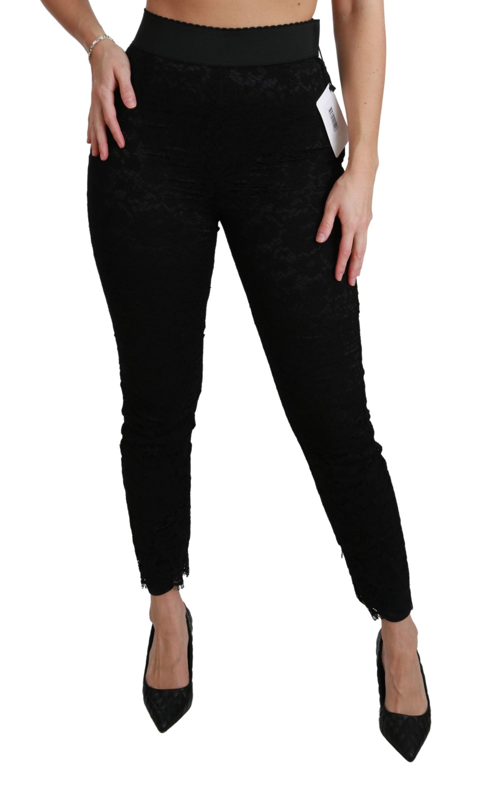 Schwarze Skinny-Hose aus Baumwolle mit hoher Taille und Spitze