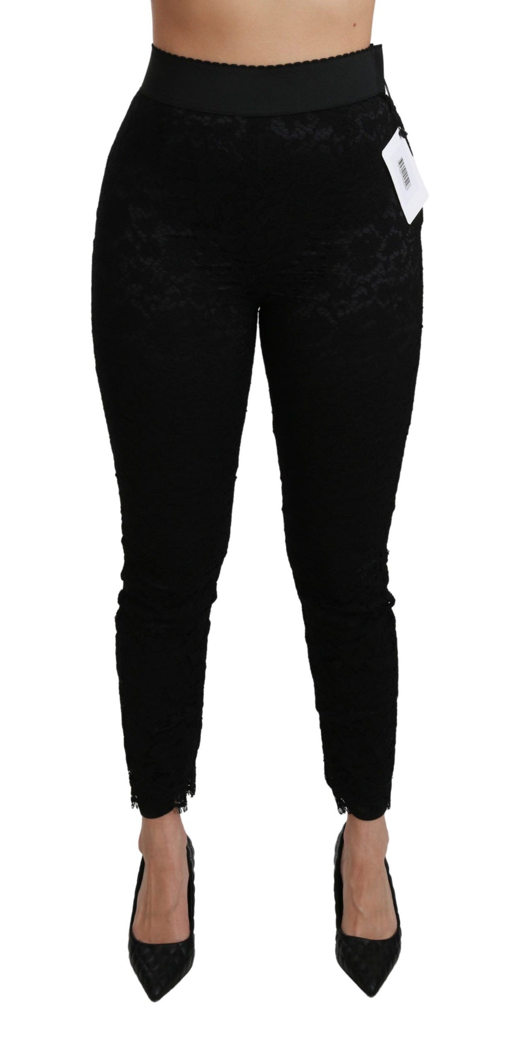 Schwarze Skinny-Hose aus Baumwolle mit hoher Taille und Spitze