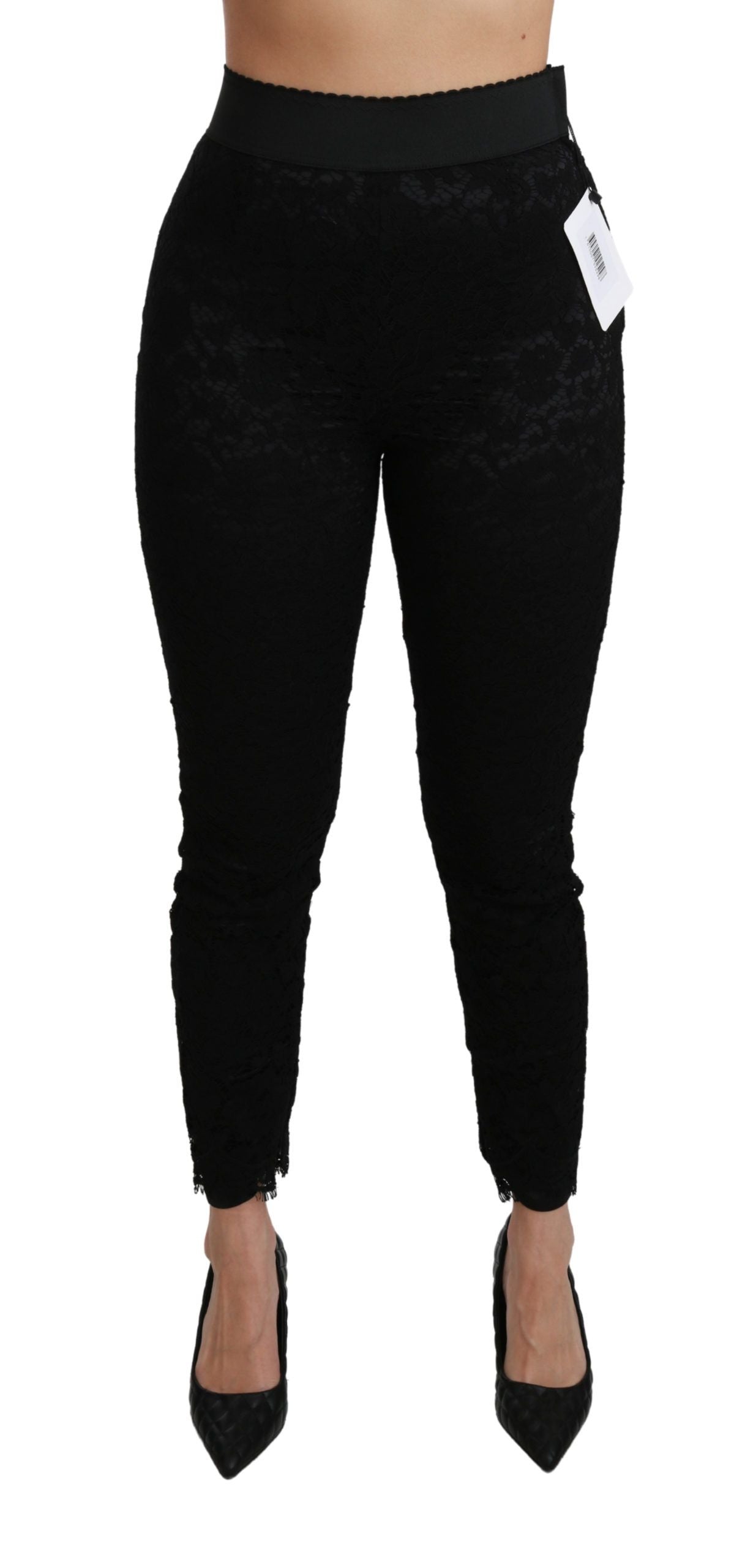 Schwarze Skinny-Hose aus Baumwolle mit hoher Taille und Spitze