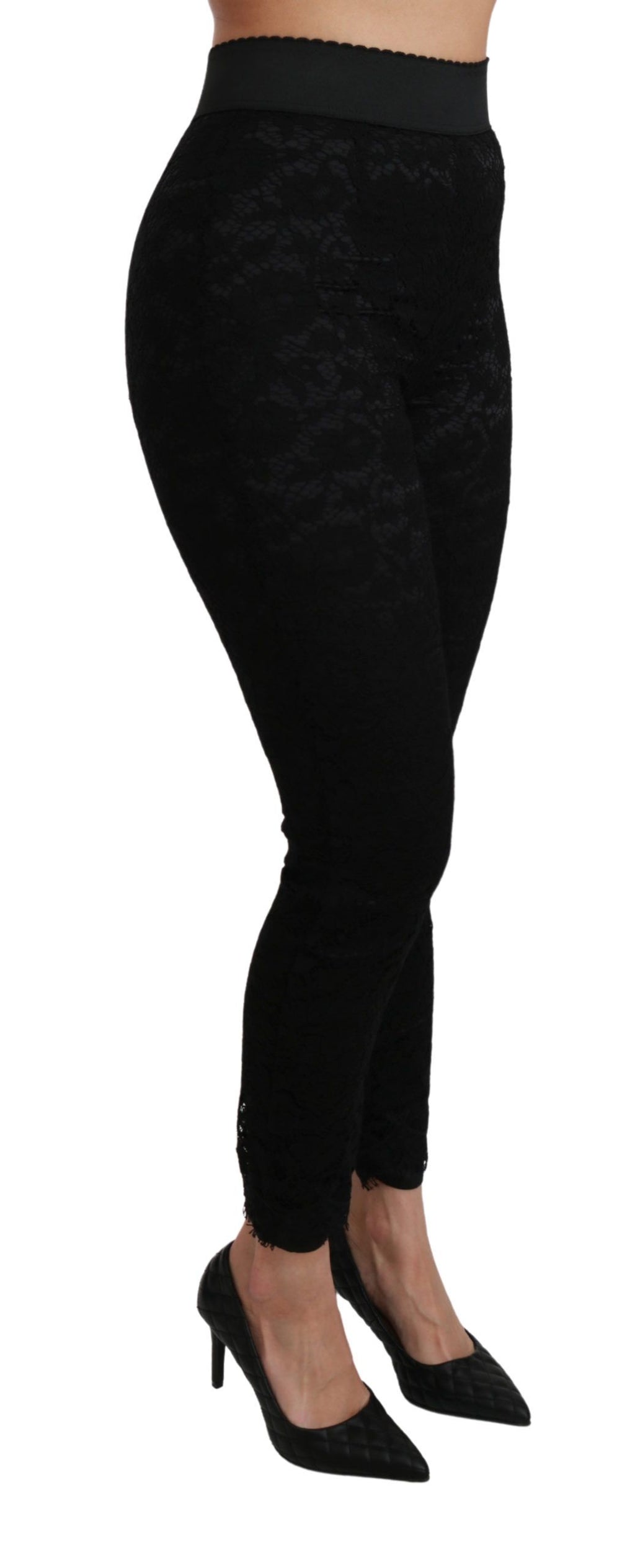 Schwarze Skinny-Hose aus Baumwolle mit hoher Taille und Spitze