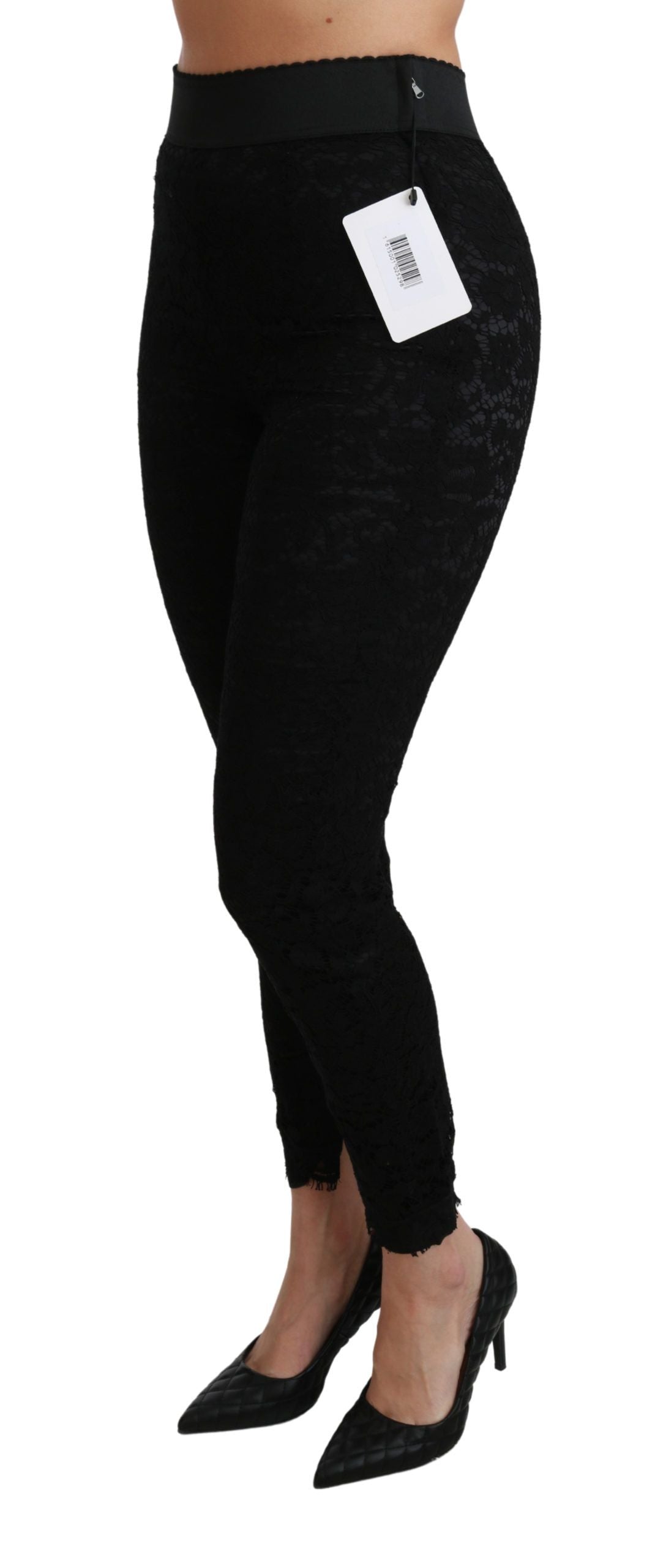 Schwarze Skinny-Hose aus Baumwolle mit hoher Taille und Spitze