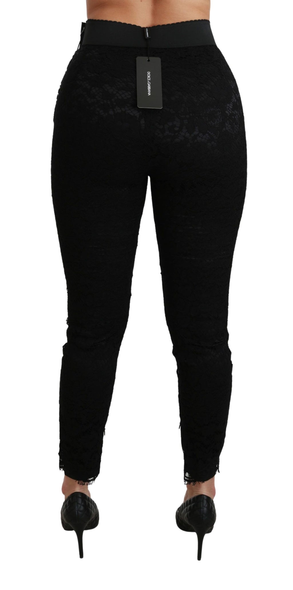 Schwarze Skinny-Hose aus Baumwolle mit hoher Taille und Spitze