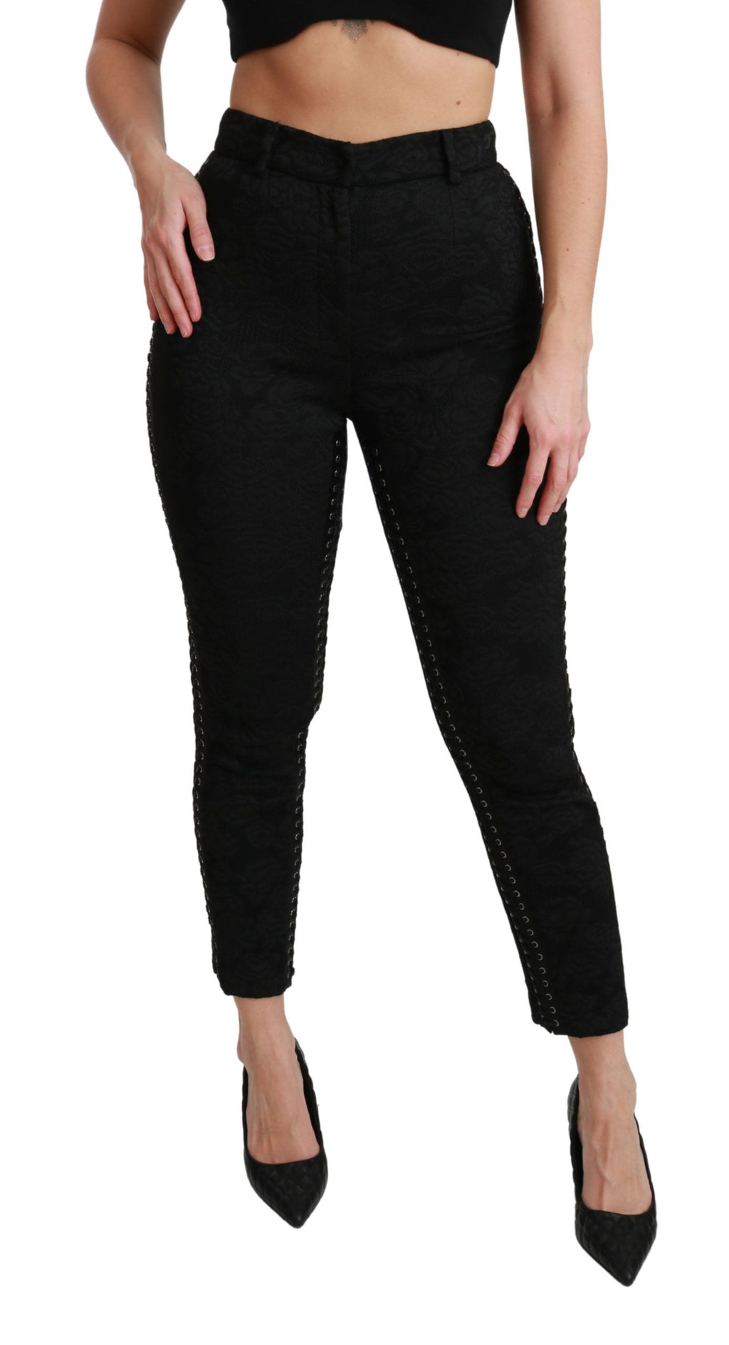 Schwarze Skinny-Hose aus Brokat mit hoher Taille