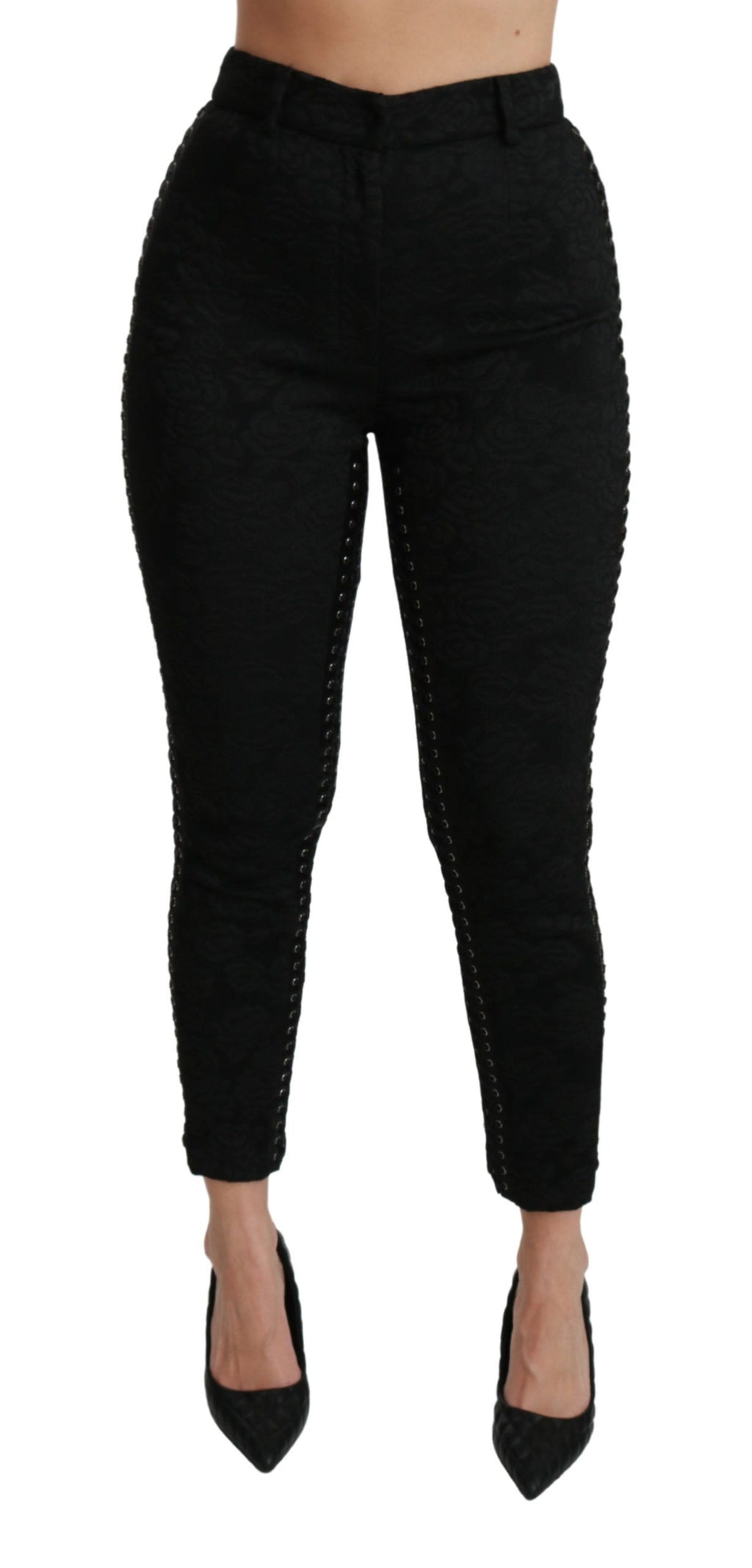 Schwarze Skinny-Hose aus Brokat mit hoher Taille