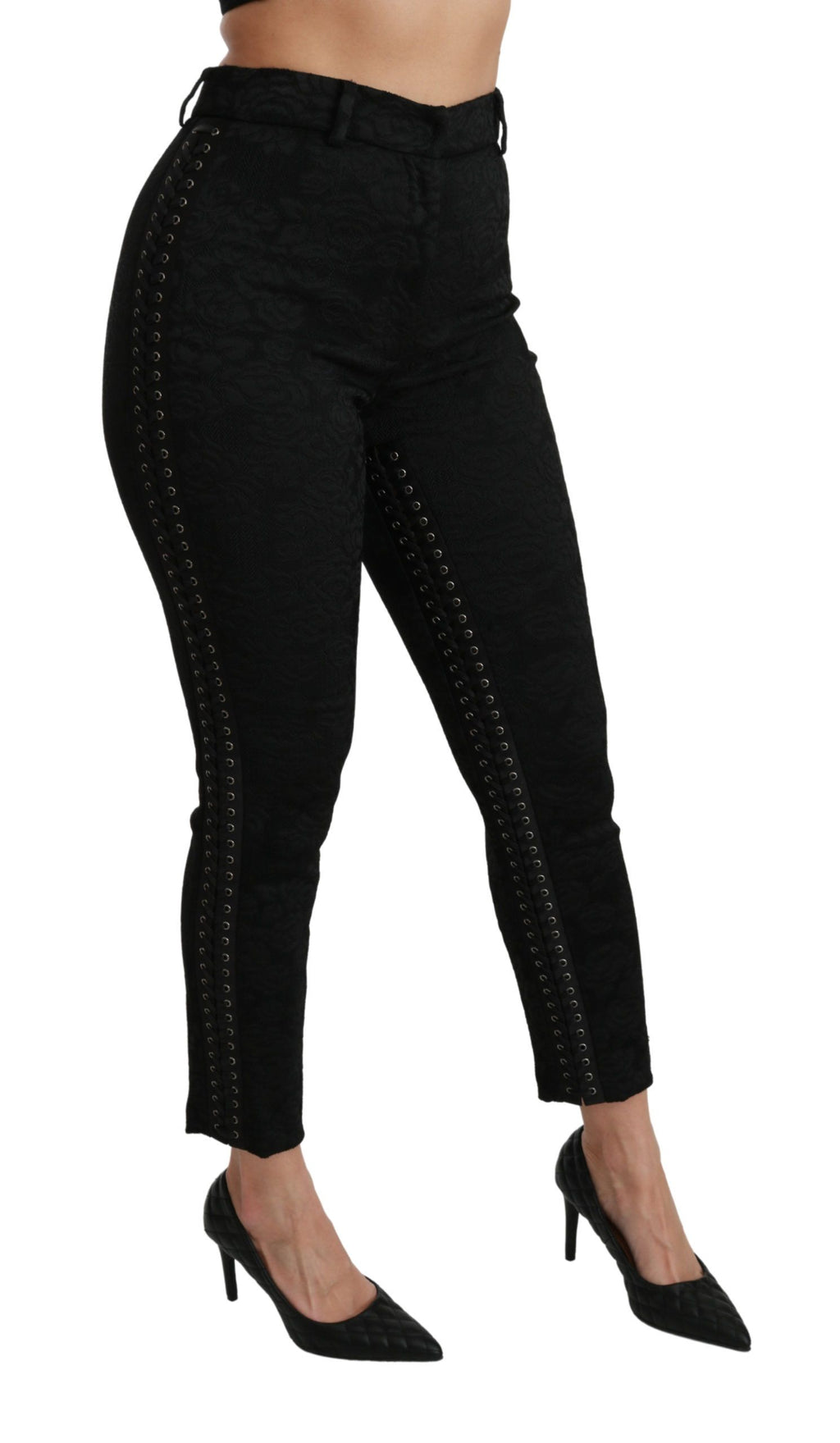 Schwarze Skinny-Hose aus Brokat mit hoher Taille