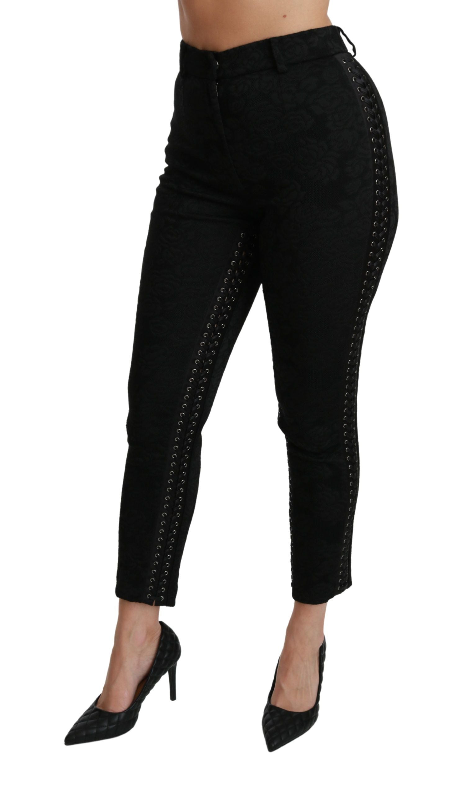 Schwarze Skinny-Hose aus Brokat mit hoher Taille