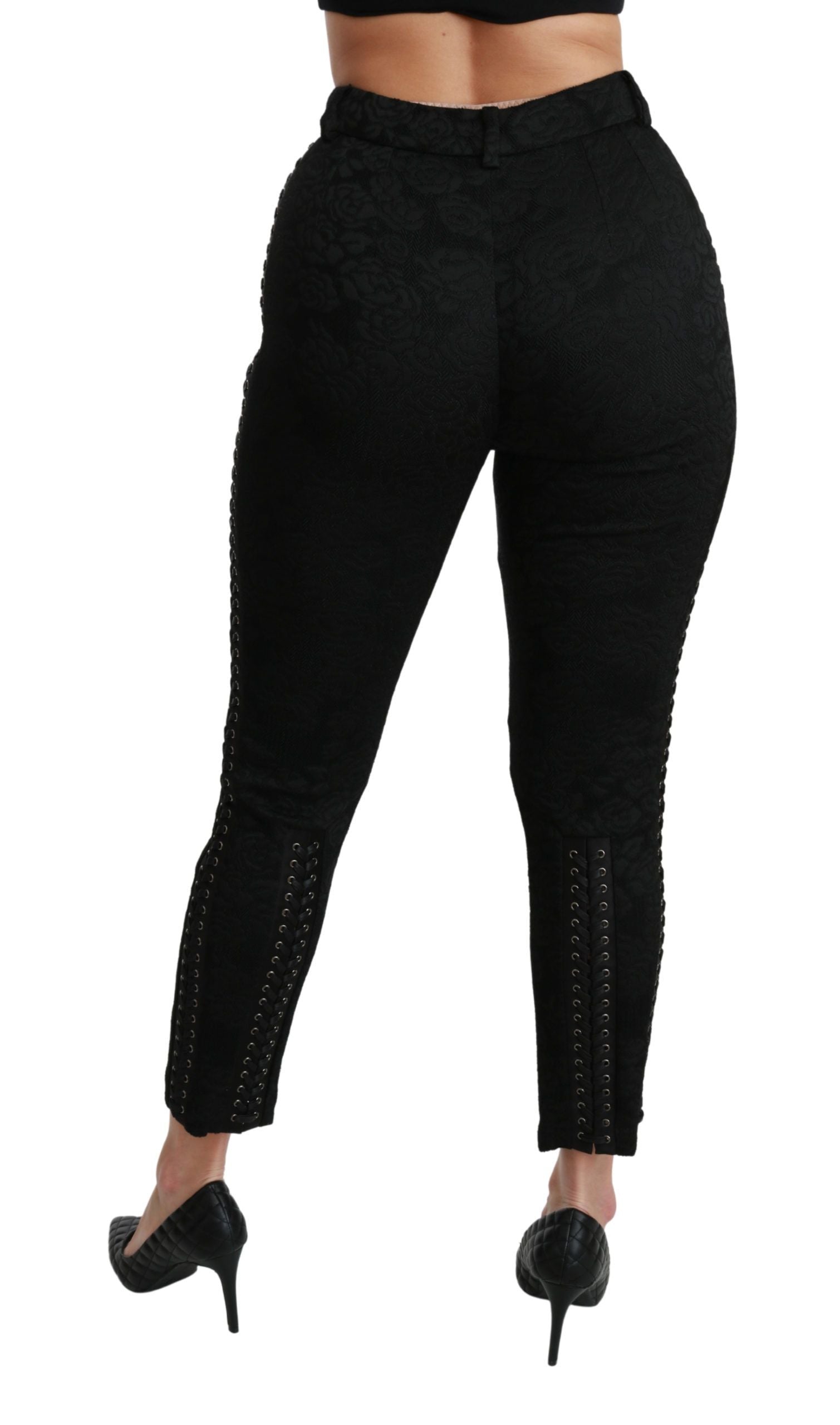 Schwarze Skinny-Hose aus Brokat mit hoher Taille