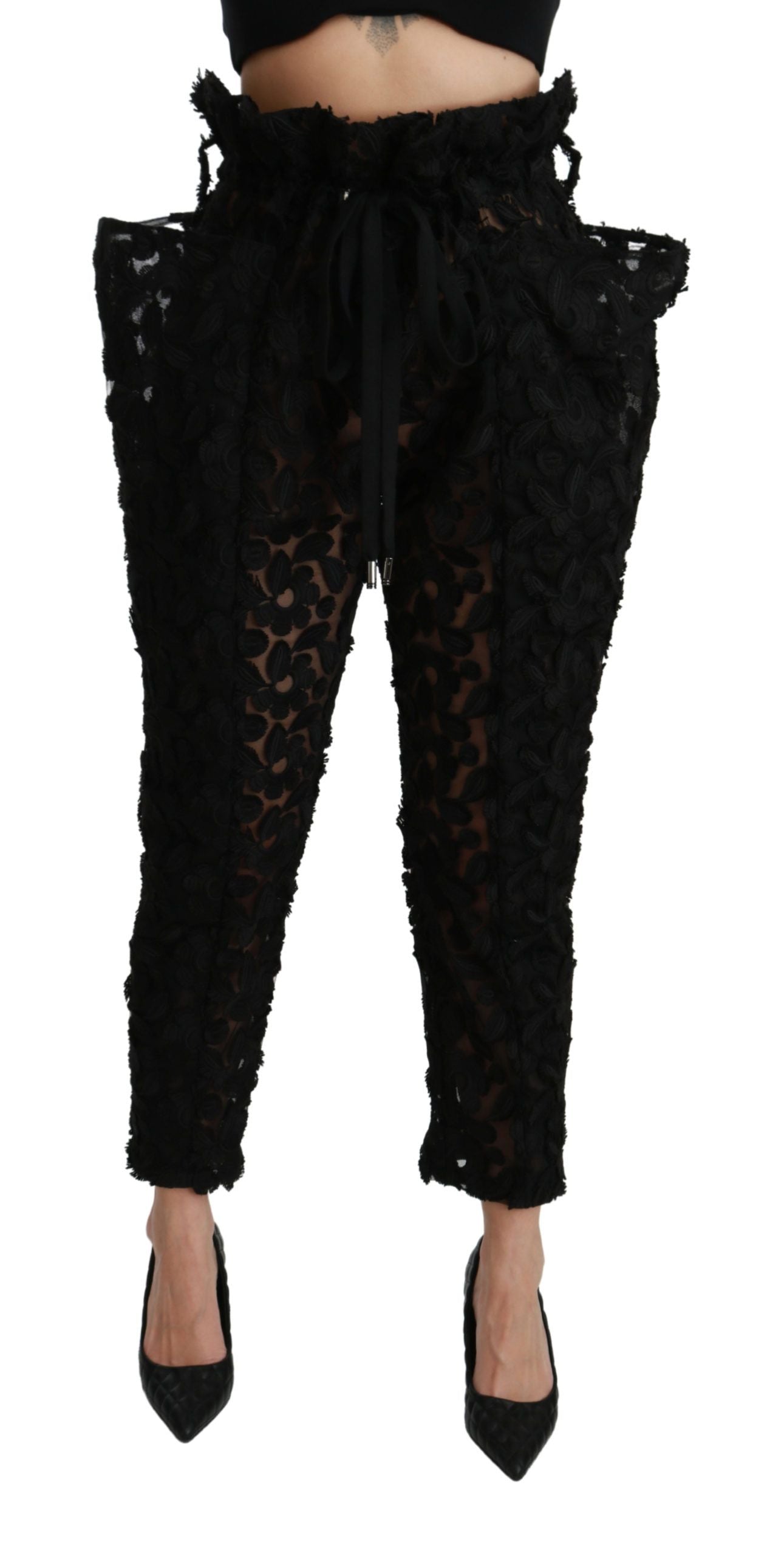 Schwarze, konische Hose mit hoher Taille und Blumenspitze