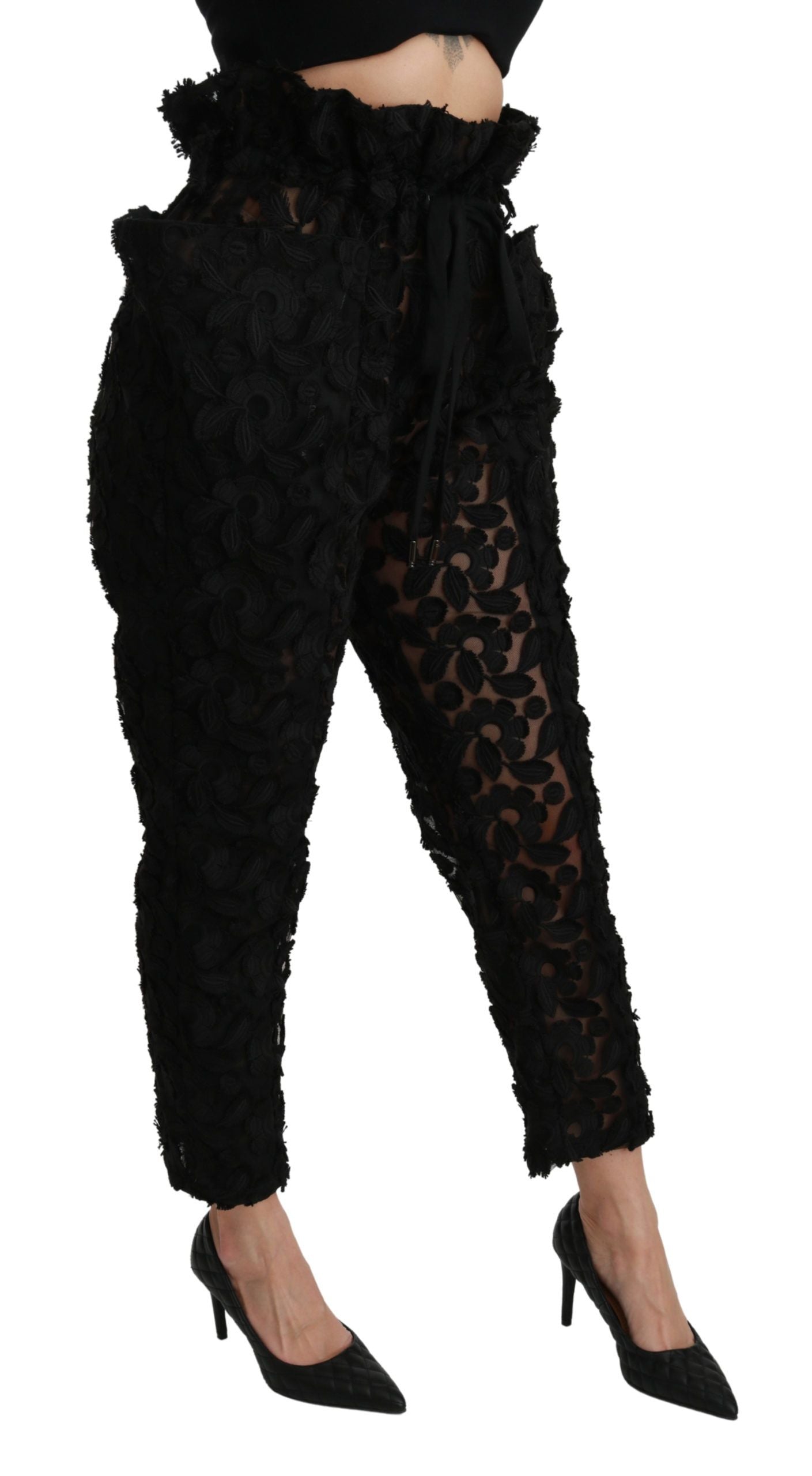 Schwarze, konische Hose mit hoher Taille und Blumenspitze