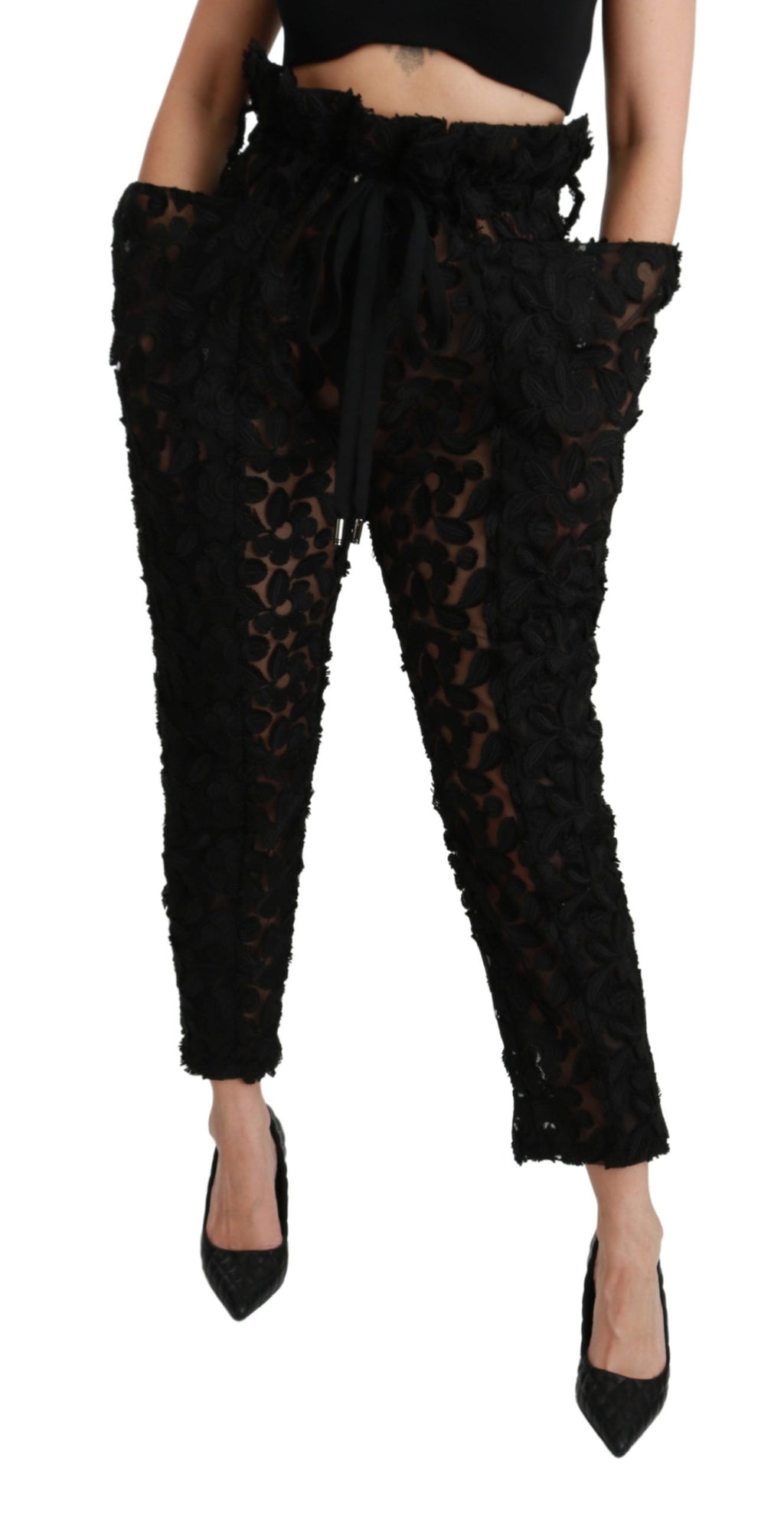 Schwarze, konische Hose mit hoher Taille und Blumenspitze