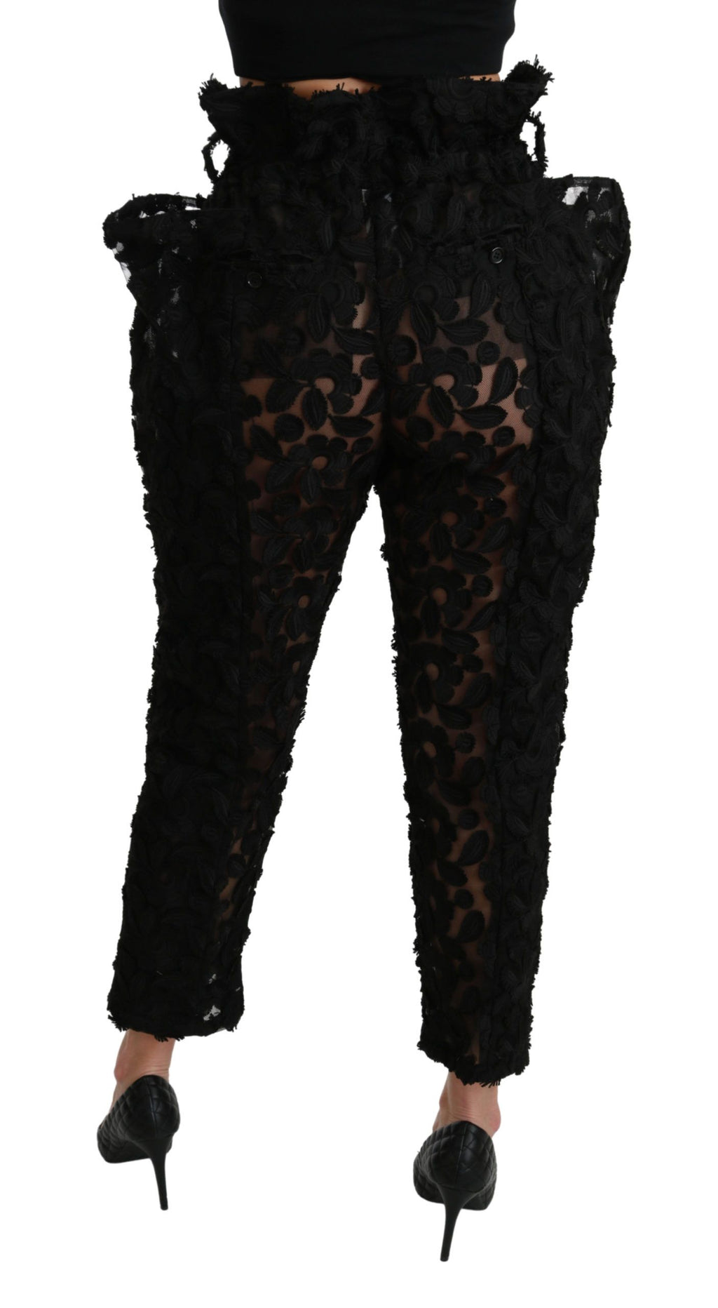Schwarze, konische Hose mit hoher Taille und Blumenspitze