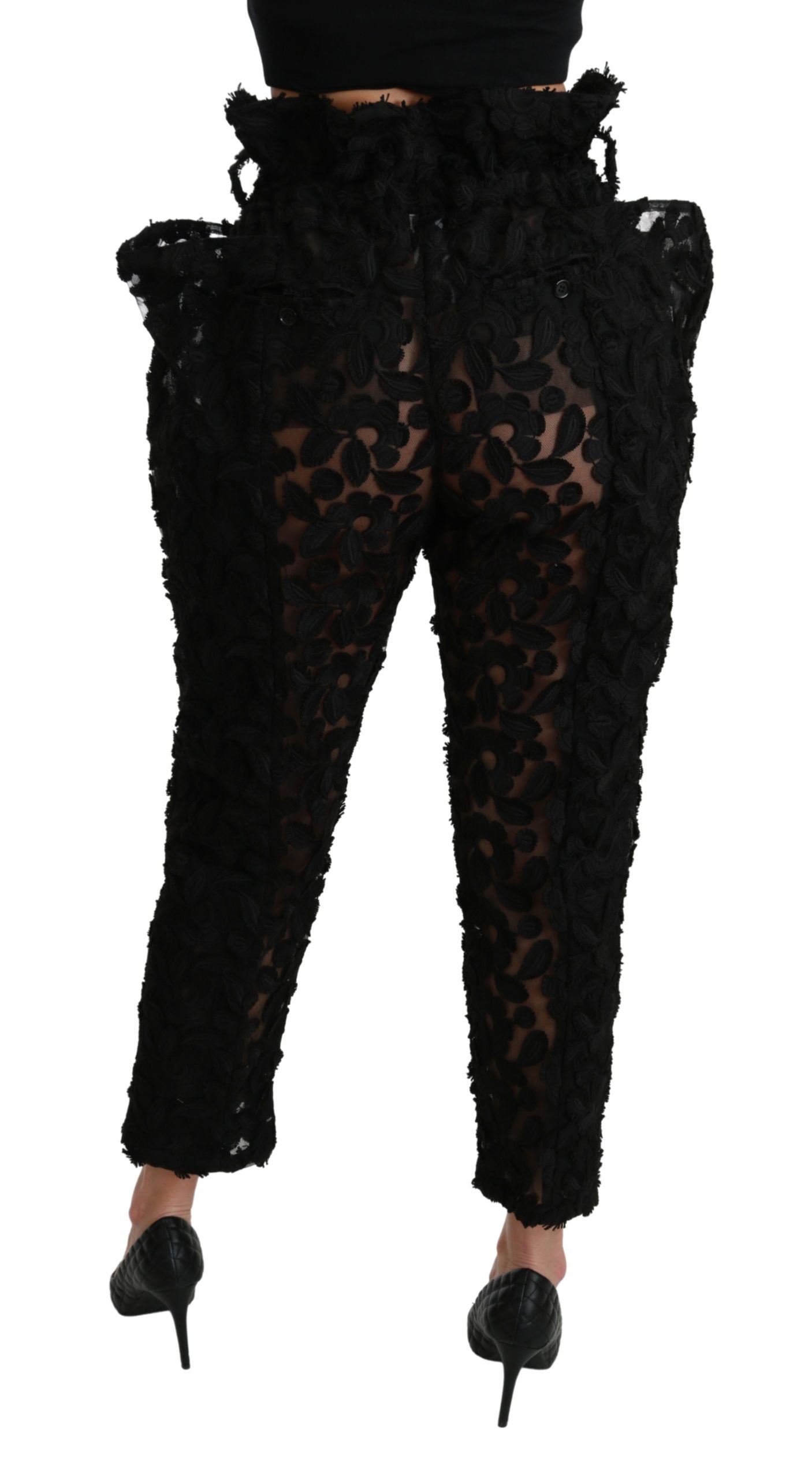 Schwarze, konische Hose mit hoher Taille und Blumenspitze