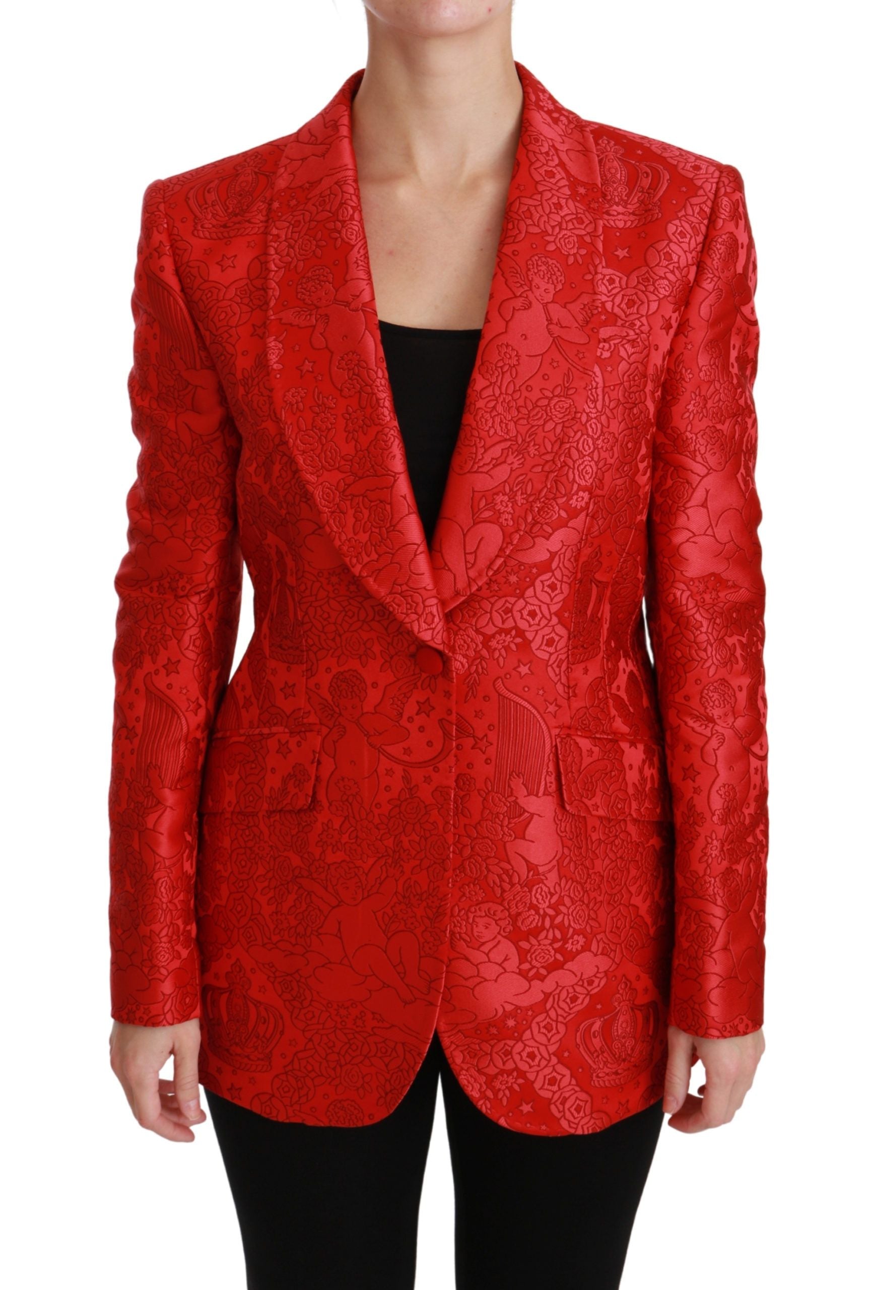 Roter Blazer mit Blumenmuster und Engel-Muster