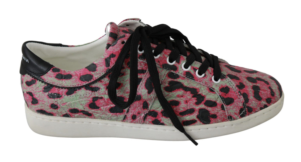 Rosa, flache Trainings-Sneakers aus Leder mit Leopardenmuster