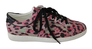 Rosa, flache Trainings-Sneakers aus Leder mit Leopardenmuster