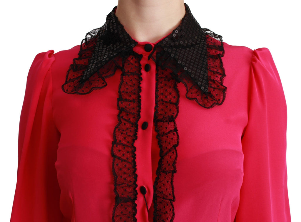 Rosa Seidenbluse mit schwarzer Paillettenspitze