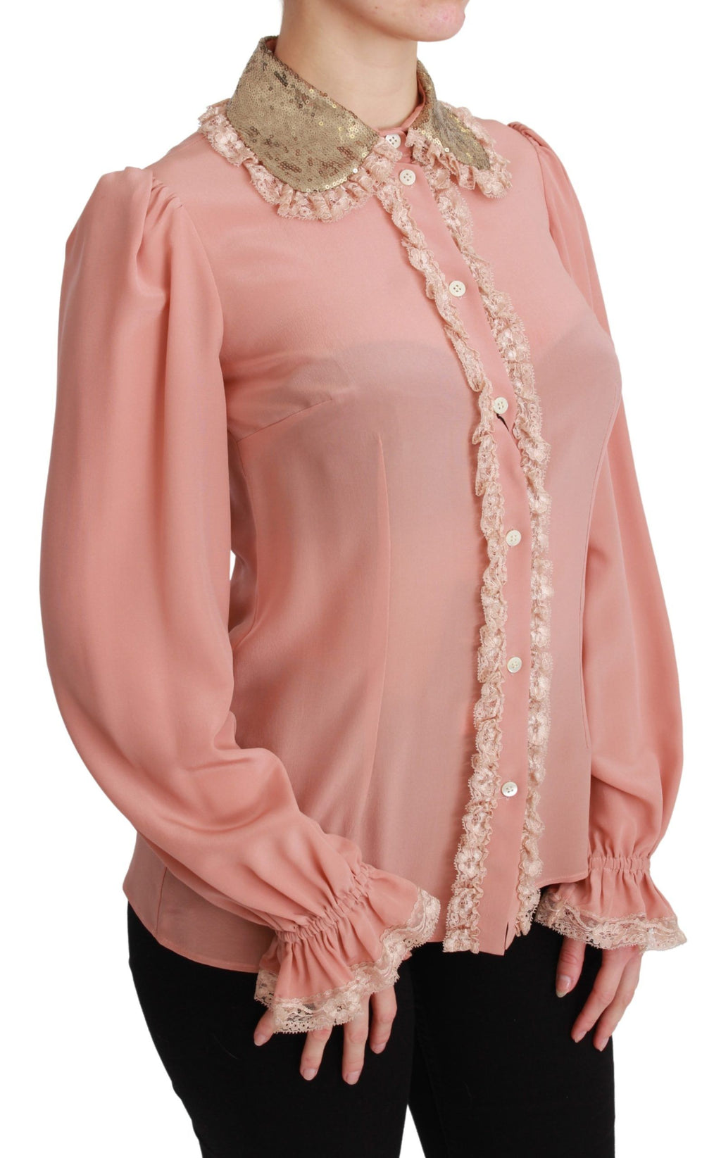 Rosa Seidenbluse mit goldenen Pailletten und Spitze
