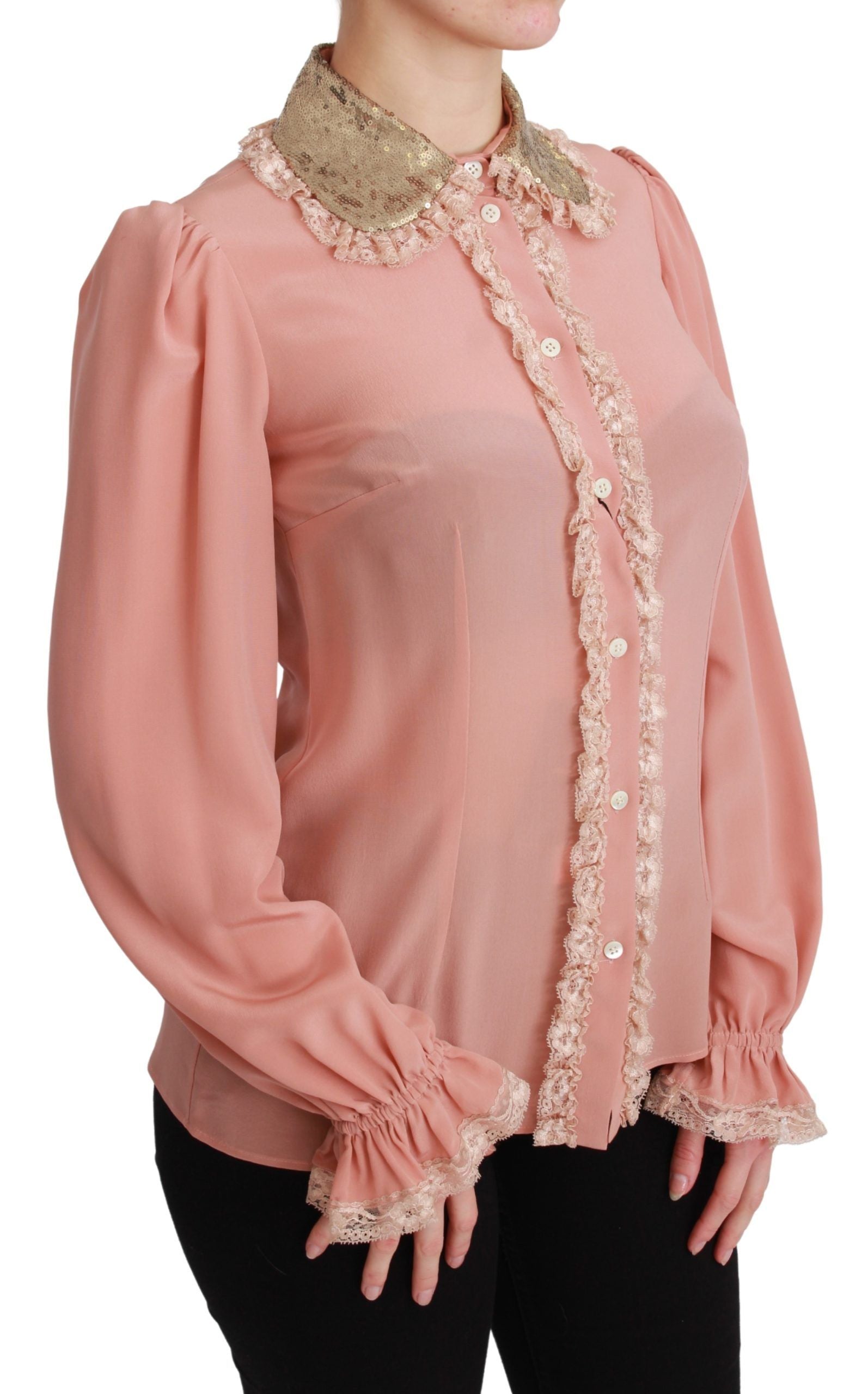 Rosa Seidenbluse mit goldenen Pailletten und Spitze