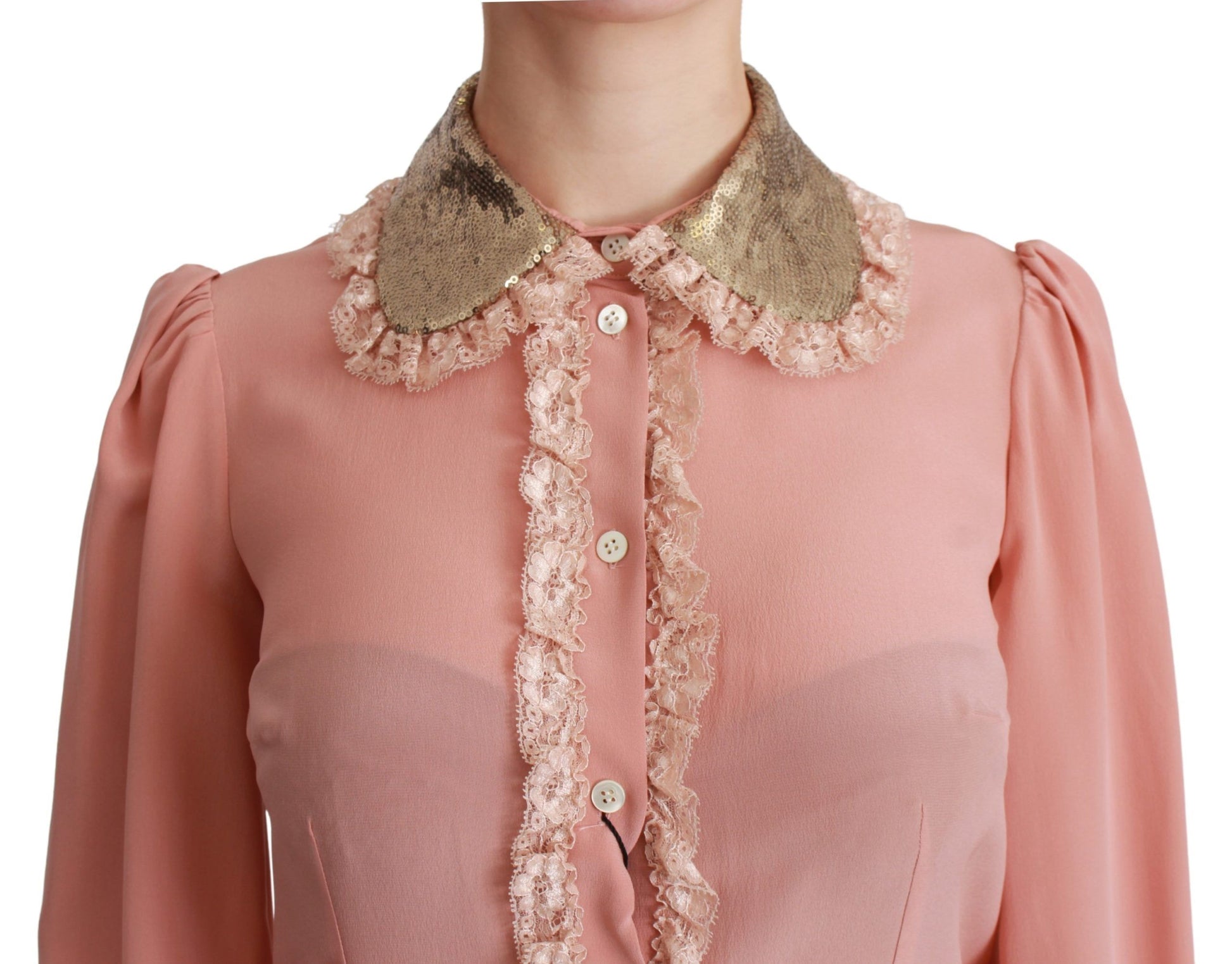 Rosa Seidenbluse mit goldenen Pailletten und Spitze