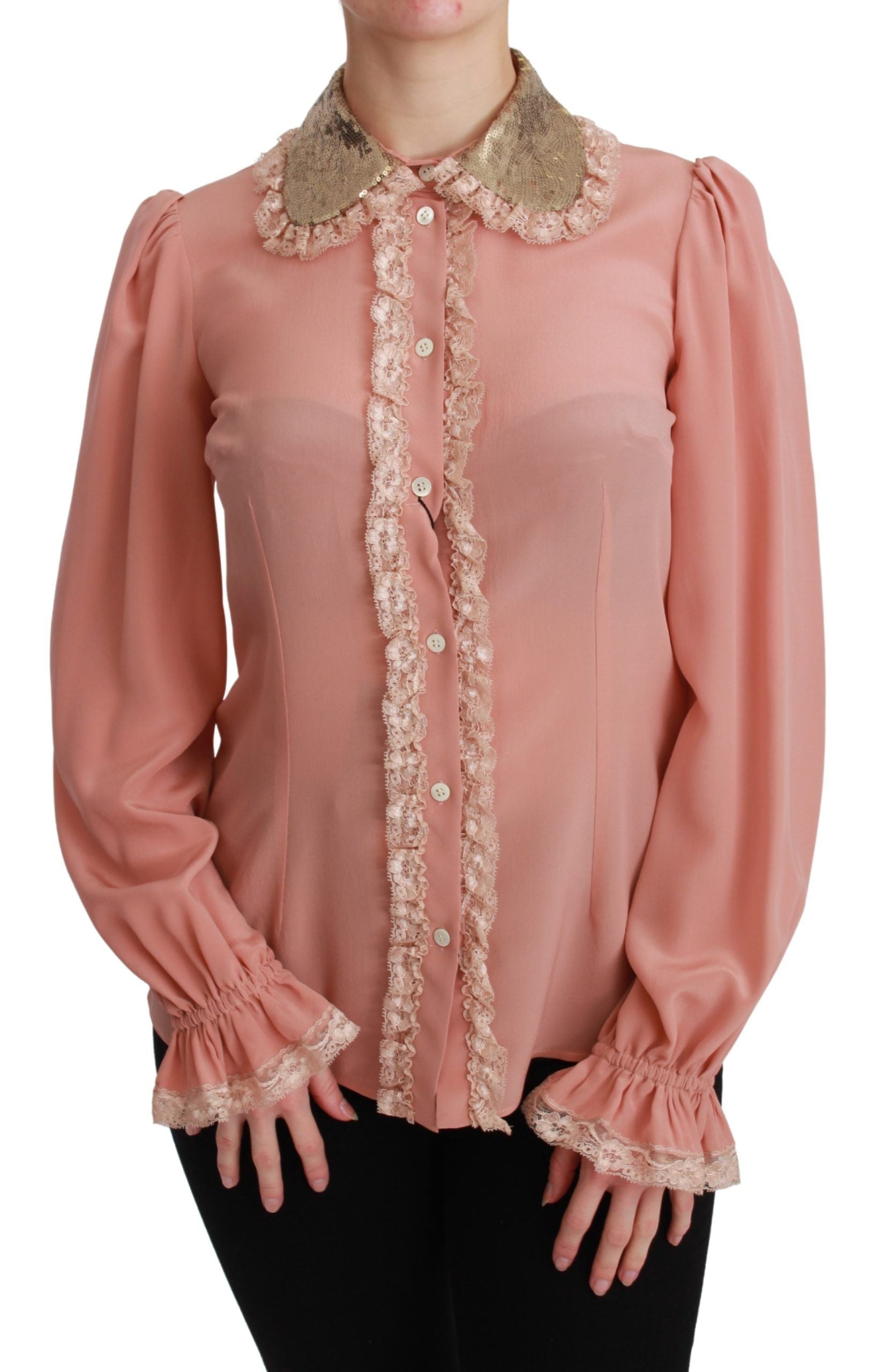 Rosa Seidenbluse mit goldenen Pailletten und Spitze