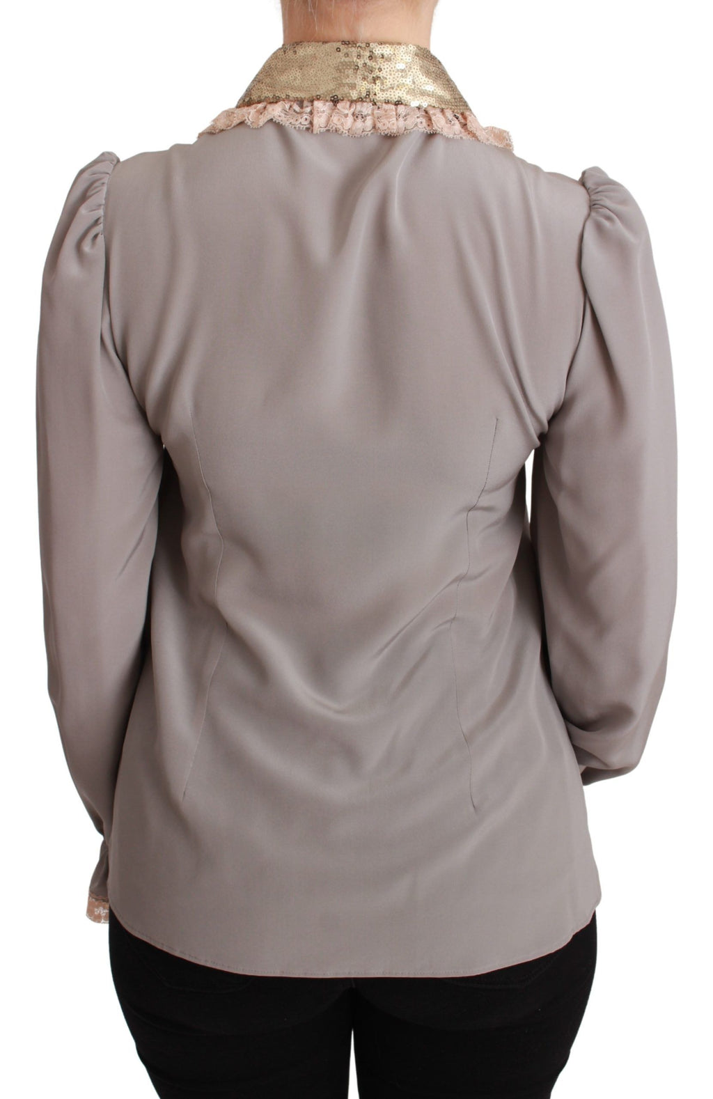 Graue Seidenbluse mit goldenen Pailletten und Spitze