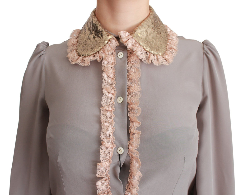 Graue Seidenbluse mit goldenen Pailletten und Spitze