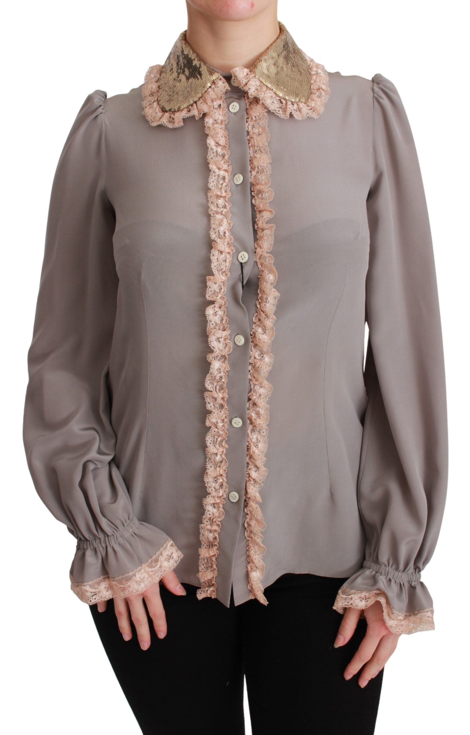Graue Seidenbluse mit goldenen Pailletten und Spitze