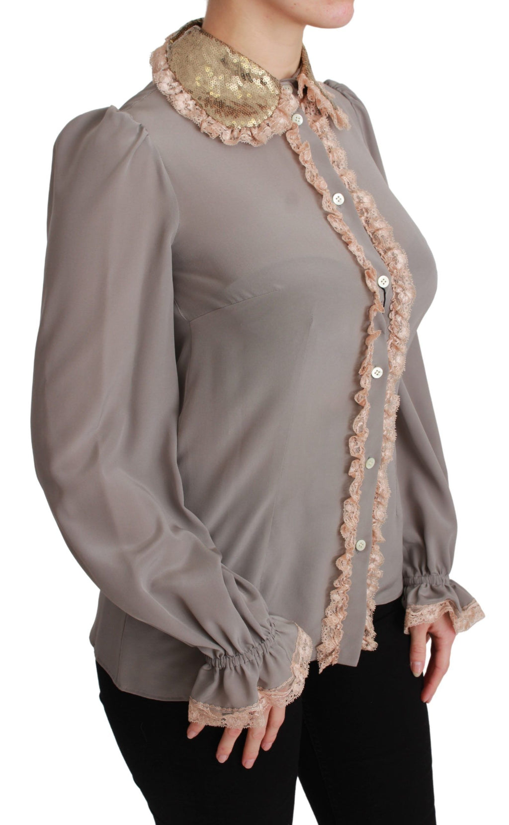 Graue Seidenbluse mit goldenen Pailletten und Spitze