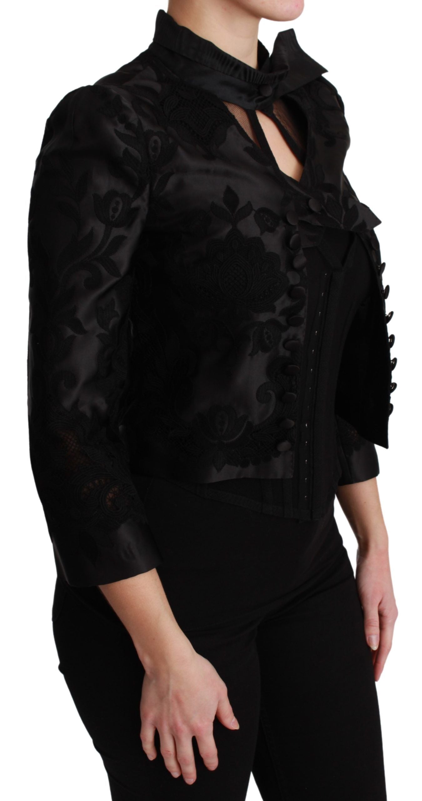 Schwarzer Jacquard-Blazer aus Seide mit Blumenmuster